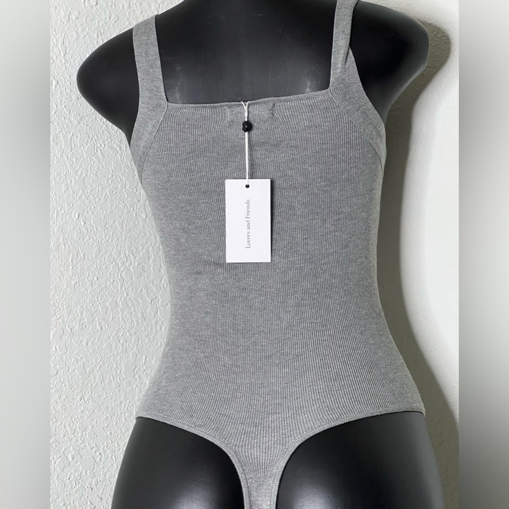 Lovers + Friends Gray Ribbed Square Neck Bodysuit